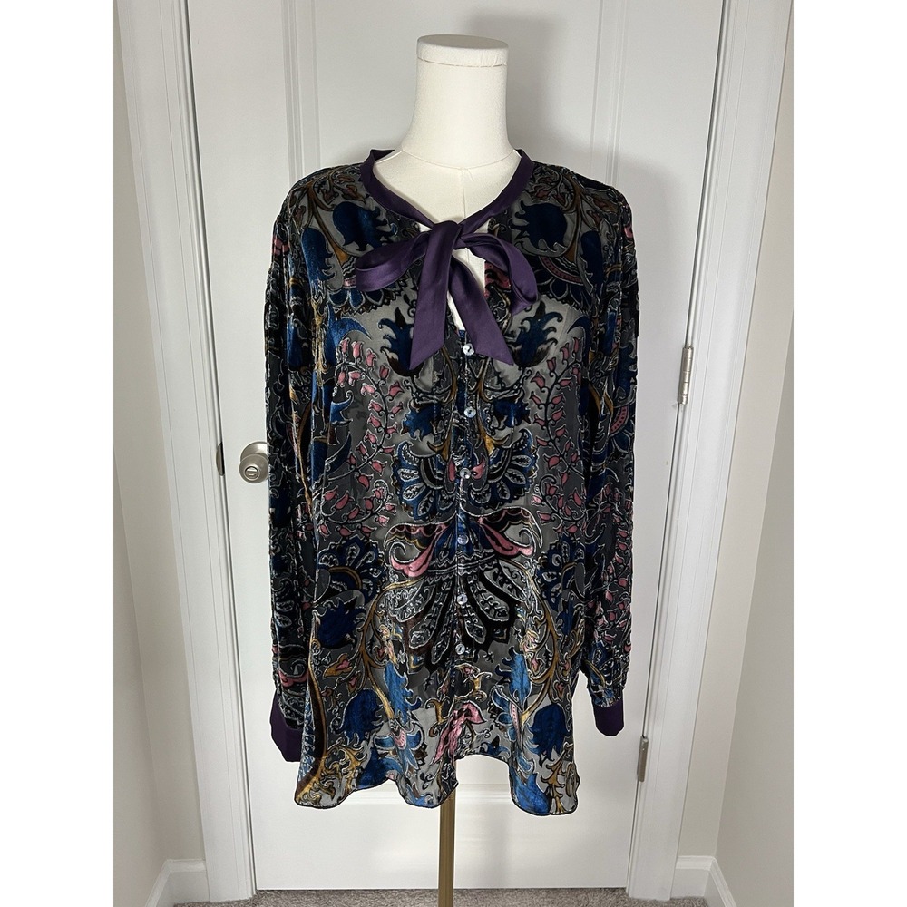 Hale Bob Bohemian Velvet Burnout Silk Blend Blouse Large Regal Quiet Luxury Glam